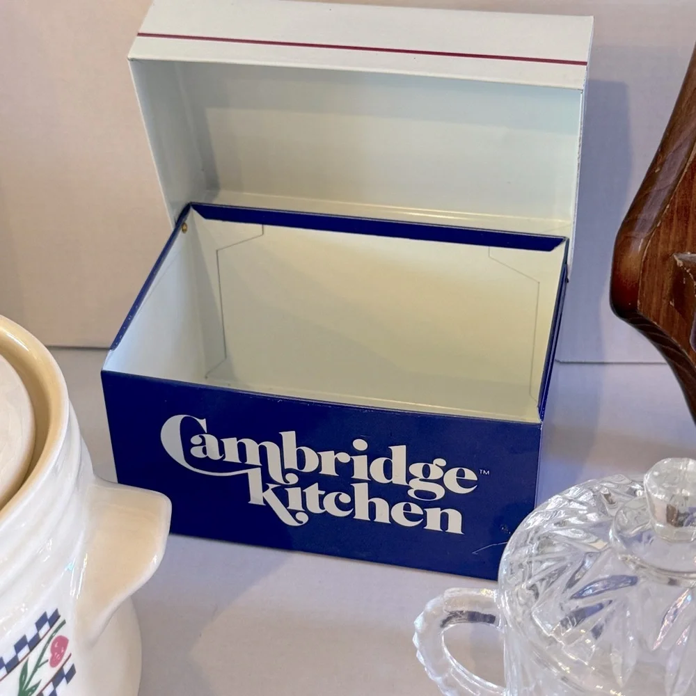 Vintage Blue and White Metal Recipe Box Cambridge Kitchen Graphic Cottagecore